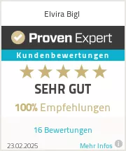 ProvenExpert Bewertung: SEHR GUT, 100% Empfehlungen, 16 Bewertungen für Elvira Bigl